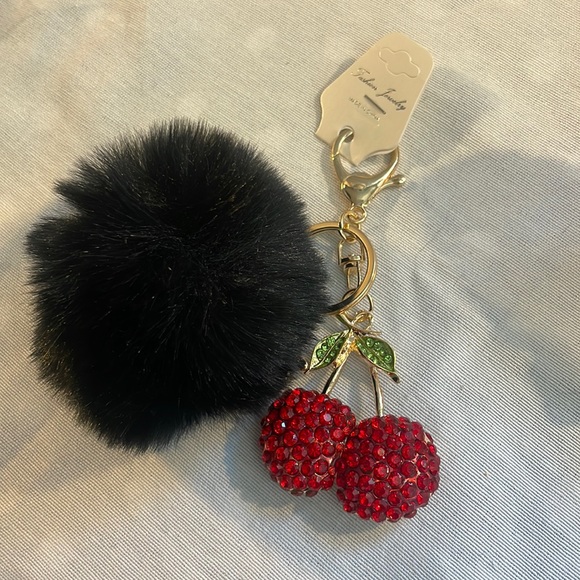 NEW Black Pom with Rhinestone cherry charm luxury style keychain purse charm - Picture 3 of 8